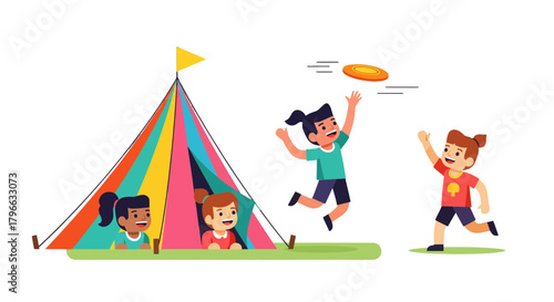 Joyful Children Outdoors Playing Flying Disc Game Near A Colorful Camping Tent