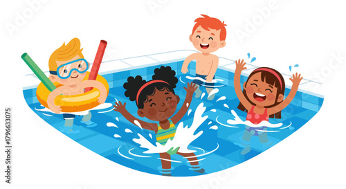 Joyful Children Playing and Splashing with Friends in a Refreshing Summer Swimming Pool