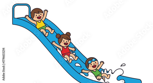 Joyful Children Sliding Down a Water Slide at a Sunny Outdoor Amusement Park