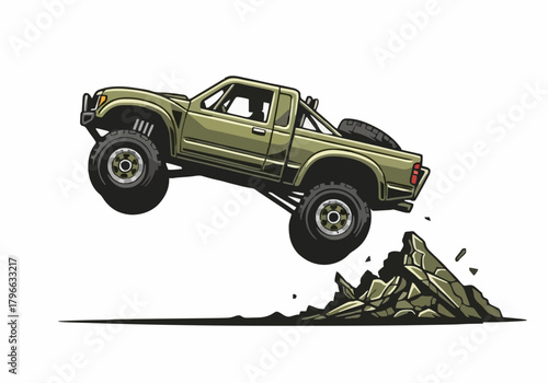 Vector illustration of monster truck jumping off road terrain pickup vehicle performing extreme offroading stunt activity