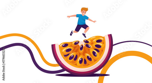 Joyful Boy Jumps Over Passion Fruit, Creative Illustration With Vibrant Color Palette