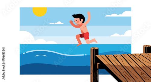 Joyful Boy Leaping Off Wooden Dock Into Waters With Sunny Weather Scene