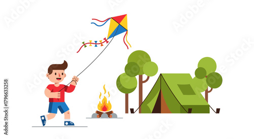 Joyful Boy Plays With A Colorful Kite During An Outdoor Camping Adventure