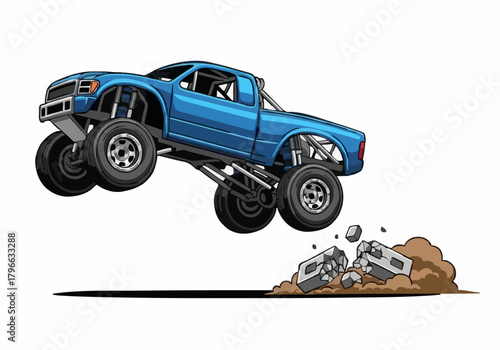 Vector illustration of powerful blue monster truck jumping over crushed debris extreme motorsport competition isolated on white background