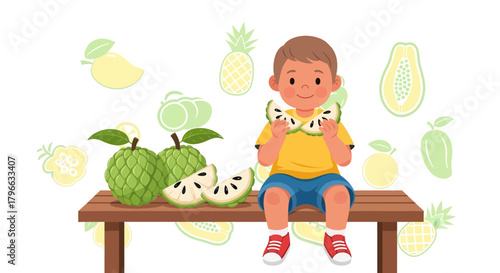 Joyful Boy With Custard Apples and Other Tasty Tropical Fruits Eating Time