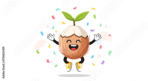 Joyful Coconut Character Celebrating With Confetti On A White Background