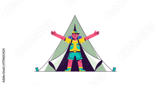 Joyful Camper Opens His Arms Wide Inside Of A Tent With Happiness And Excitement