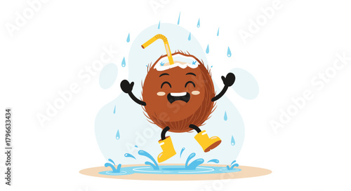 Joyful Coconut Cartoon Character Bouncing in Puddle in the Rain, Delightful Illustration