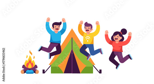 Joyful Campers Celebrate Outdoor Adventure With Bonfire And Tent On Dark Background