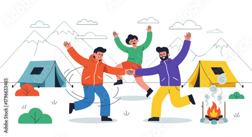 Joyful Campers Celebrate Adventures Around a Glowing Campfire Under the Mountains