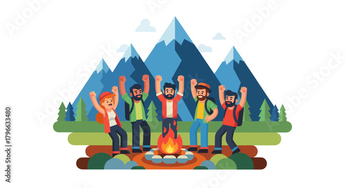 Joyful Campers Celebrated Near Mountains and a Roaring Bonfire with Friends Together