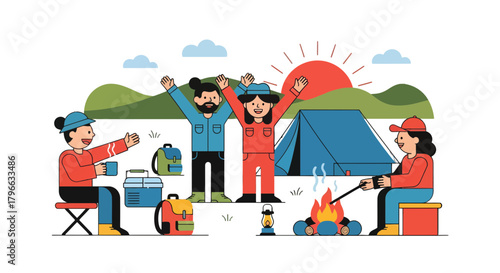 Joyful Campers Celebrating Adventure around Bonfire with Tent and Backpacks at Sunset