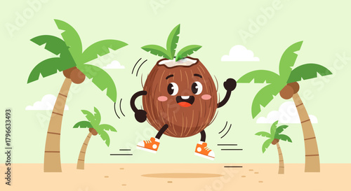 Joyful Coconut Character Running Energetically Near Palm Trees In A Tropical Oasis Scene