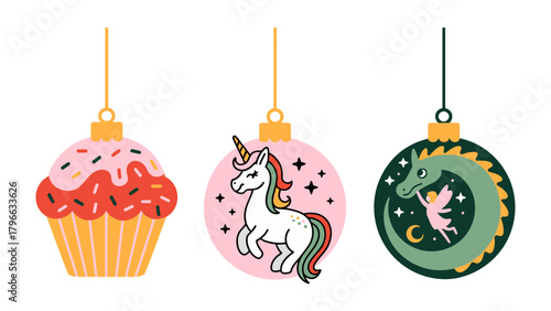 Holiday ornaments with illustrations: Decorative ornaments showcasing a whimsical cupcake, a majestic unicorn, and a fairytale dragon, adding a touch of fantasy to holiday decor.