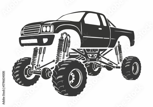 Black vector silhouette illustration of powerful monster truck with enormous wheels and complex suspension system offroad racing vehicle graphic element