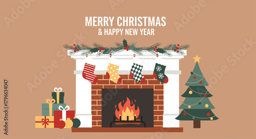 Merry Christmas and Happy New Year wishes around a cozy fireplace with gifts and tree, perfect for holiday cards and seasonal promotions