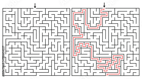22 by 22 Orthogonal Rectangular Maze Game for Adults - Simple and Easy Maze Game Flat Vector Black and White Outline Illustration - Problem Solving Game kdp.