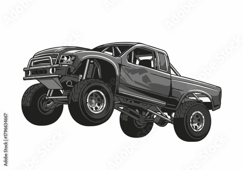 Monochrome vector illustration of powerful monster truck jumping isolated graphic design element extreme motorsports vehicle offroad racing show concept
