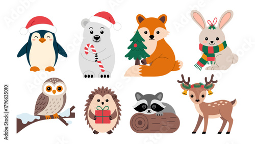 Festive Forest Friends: A charming ensemble of woodland creatures, each adorned in holiday attire, bring the spirit of winter festivities to life.
