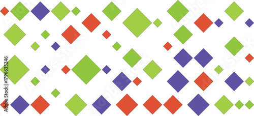 A pattern of colorful diamond shapes in red, purple, and green, scattered across a white background