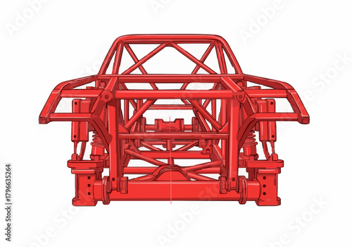 Red tubular steel frame chassis structure for offroad racing vehicle or monster truck technical blueprint vector illustration