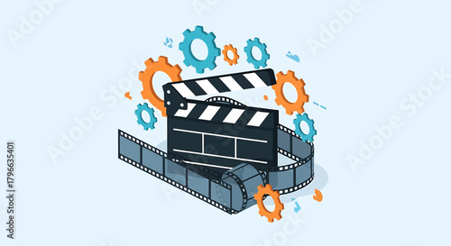 A flat design vector illustration symbolizing the intricate process of filmmaking, featuring a clapperboard surrounded by gears and a winding film strip. 