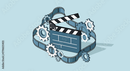 A flat design vector illustration symbolizing the intricate process of filmmaking, featuring a clapperboard surrounded by gears and a winding film strip. 