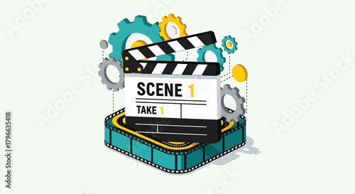 A flat design vector illustration symbolizing the intricate process of filmmaking, featuring a clapperboard surrounded by gears and a winding film strip. 
