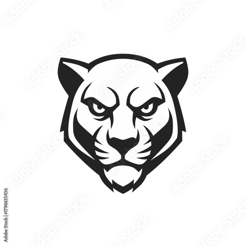 Powerful panther head logo, fierce animal mascot for sports team, bold black and white design, captivating strength and agility, modern animal emblem