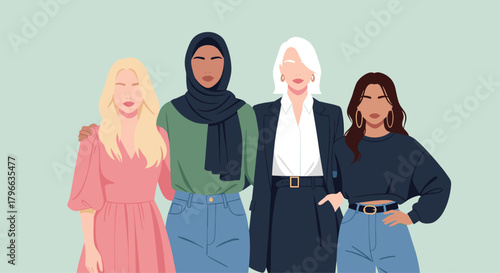 Diverse women team celebrating success and diversity in a modern empowering group, business goals and professional achievement together, confident