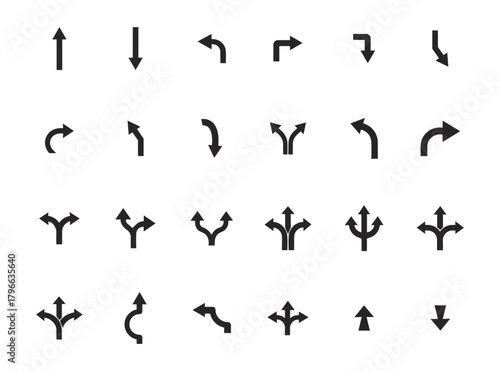 Road direction arrow icon set. Driving direction mark, location point crossroad circle turning route black pictograms. Vector isolated collection of arrow direction illustration.