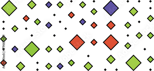 A playful arrangement of colorful diamond shapes and small black dots scattered across a white background