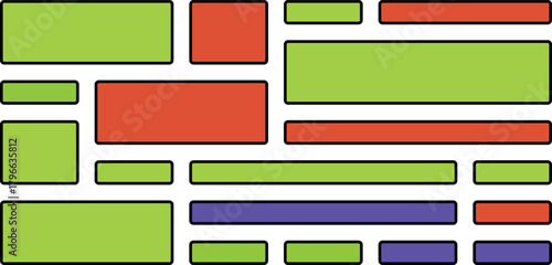 Abstract composition of colorful rectangles and squares in various sizes and orientations on a white background