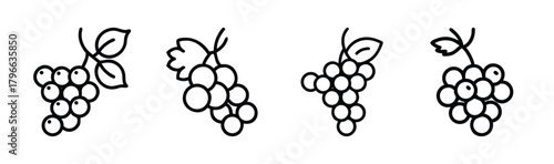 Four decorative black outline grape clusters with leaves and stems minimalist design