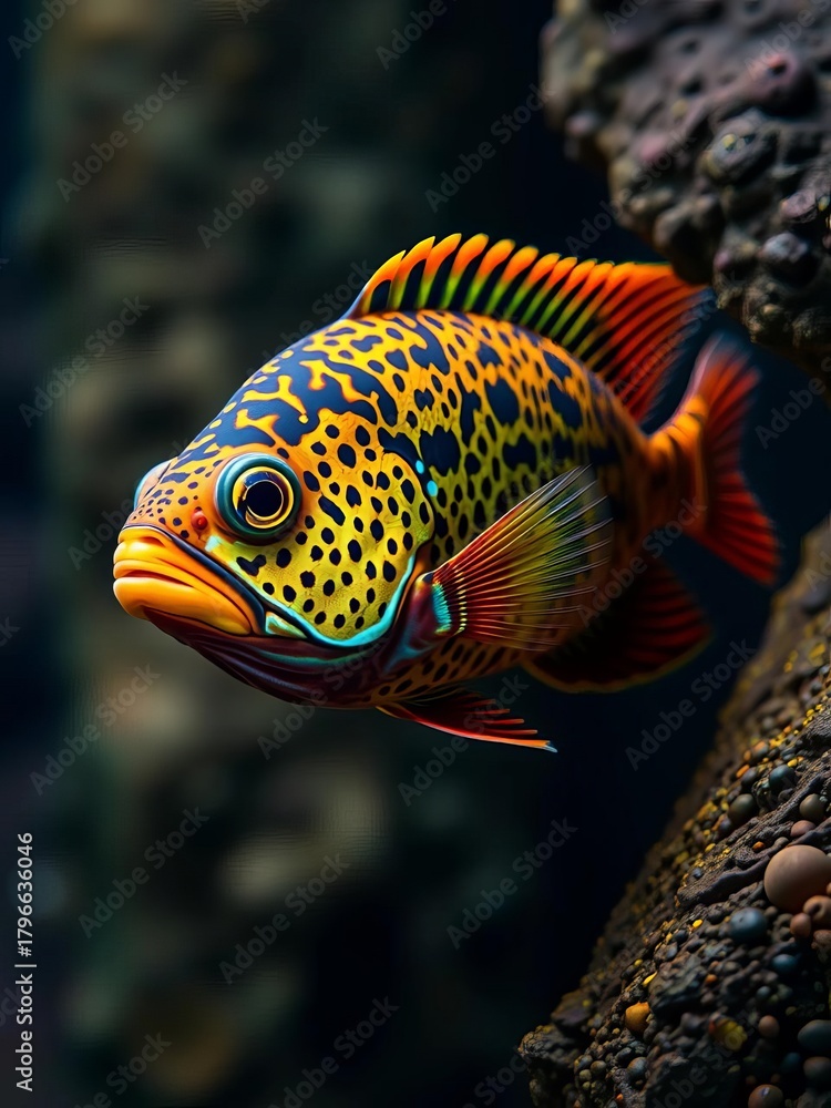 Obraz premium A regal cichlid, a jewel of the rift lakes, found in the deep, vast expanse of Lake Tanganyika, wildlife portrait, cichlid