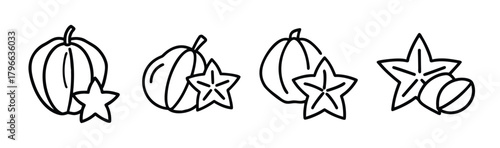 Set of four hand-drawn starfruit icons with sketched texture for fresh produce and food branding