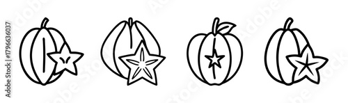 Four starfruit carambola outline icons fresh tropical fruit elements for design