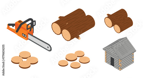 Isometric chainsaw and logs ready to build a cozy cabin, perfect for wilderness adventures and rustic living concepts in nature scenes