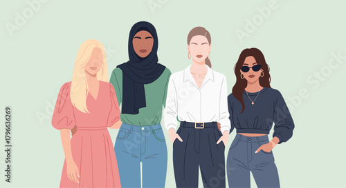 Diverse group of stylish women dressed in modern casual fashion standing together in solidarity, perfect for empowering lifestyle content