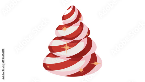 Festive Spiral Dessert: A sweet, whimsical dessert shaped like a spiral tree with alternating red and white stripes, adorned with shimmering accents.
