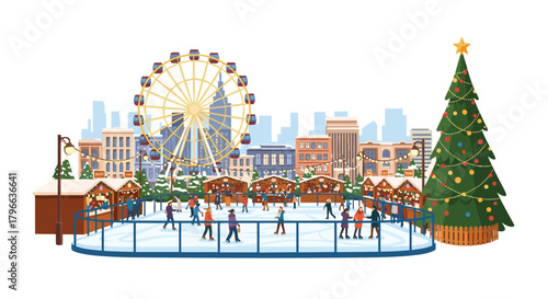The magic of a winter holiday festival with ice skating, a giant Christmas tree, and a vibrant Ferris wheel under city lights
