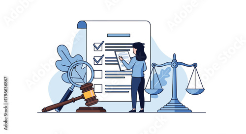 Modern illustration of legal compliance checklist with gavel and scales, perfect for law firms, legal blogs, and compliance training materials