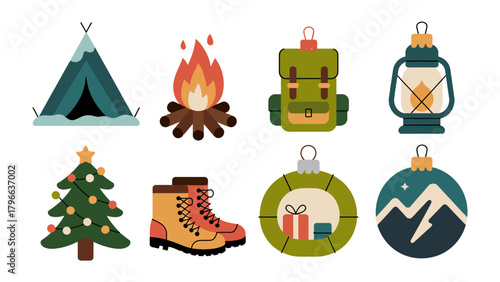 Camping Icons for Adventure: A collection of captivating icons showcases the essentials of camping. Evoking the spirit of outdoor adventures with a delightful array of illustrations.