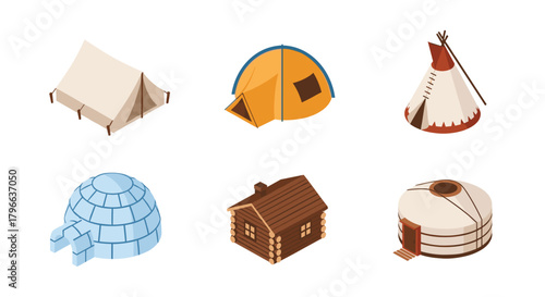 Tents, igloos, log cabins, and yurts offering shelter and cultural heritage insights