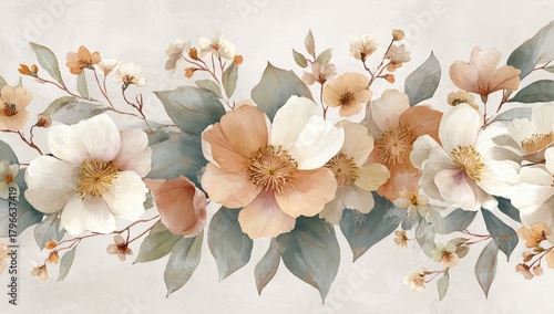 Elegant watercolor floral border with cream, peach, and muted green blooms