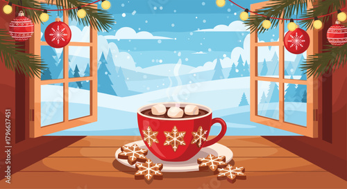 Cozy winter escape with hot chocolate and cookies overlooking snowy landscape, perfect for holiday greetings and seasonal promotions