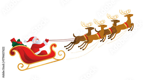 Christmas Journey: Santa Claus's reindeer-pulled sleigh soars through the winter sky, carrying holiday cheer and gifts with Santa Claus steering the sleigh. A classic festive image.
