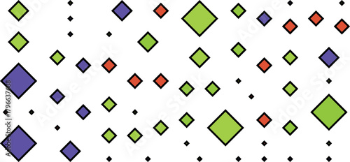 Abstract pattern of scattered purple, green, and red diamonds and small black dots on a white background