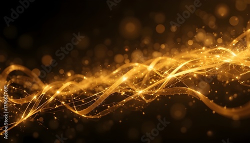Golden Light Rings with Ribbons on Black Background