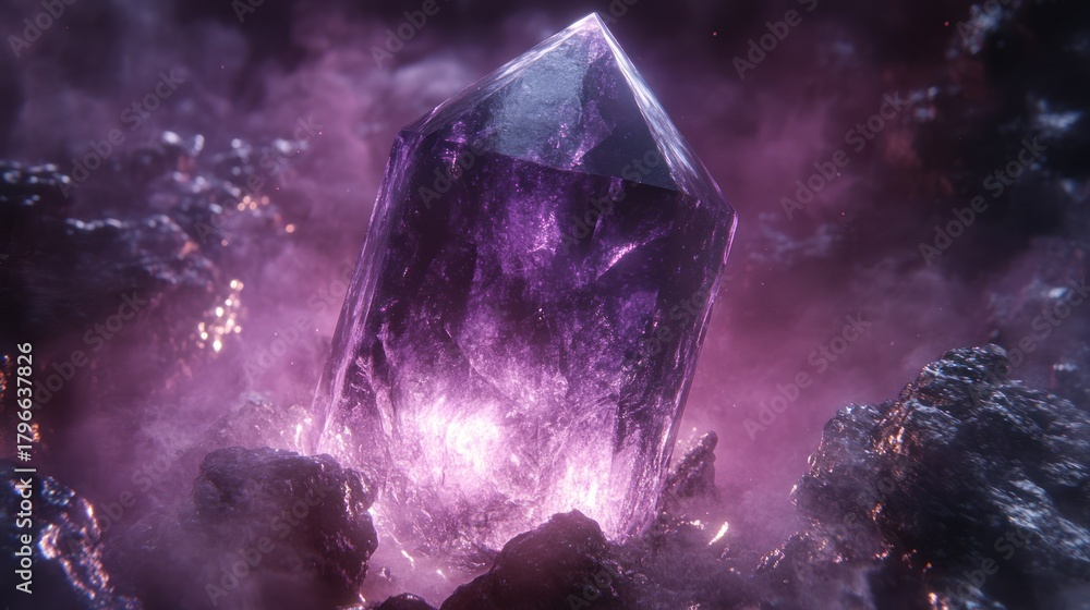 Obraz premium Purple crystal, glowing in dark volcanic landscape